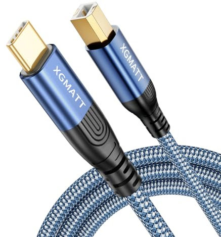 Cable USB B a USB C de 3 m, trenzado de nailon, cable MIDI USB C compatible con MacBook Pro, HP, Epson, Canon, Brother, Lexmark, Xerox, impresoras y escáner, color azul