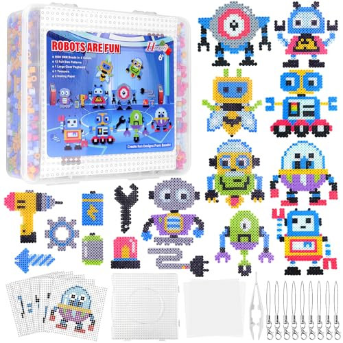 Homgaty Fuse Beads Kit, 5000 PCS Robot Iron Beads Crafting Melting Beads Set for Kids, 17 Styles Patterns Beads Pegboards, Tweezers, Ironing Paper, Chain Accessories for DIY Craft Making