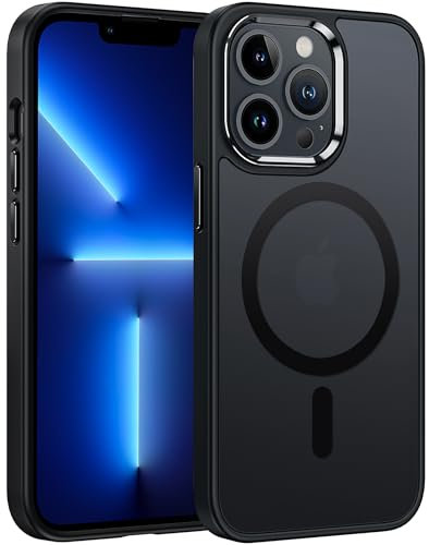 FNTCASE für iPhone 13 Pro Hülle: Magnetische Durchscheinende Matte Handyhülle Metallknopf mit Displayschutzfolie aus Gehärtetem Glas Schutzhülle (6,1 Zoll)