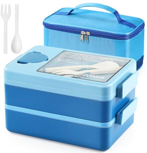 AECIASO Lunch Box, Fiambrera Bento Box de 2 Capas con 4 Compartimentos, Lonchera con Cubiertos, Recipientes de Salsas y Bolsas de Aislamiento, para Escuela Trabajo Picnic, 2000ml de Gran Capacidad