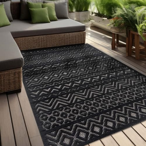 Taracarpet In & Outdoor Teppich Barcelona Wetterfest Balkon Boho Wohnzimmer Küche Skandinavisch Muster Einfarbig 3D Effekt Modern anthrazit Karos Zigzak 080x250 cm