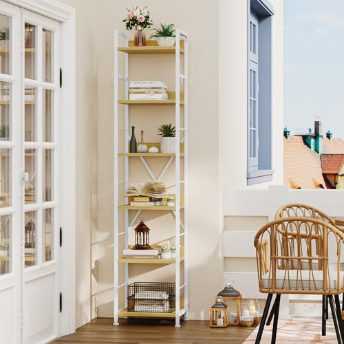 YITAHOME Bookcase 6 Tiers, Floor Standing Book Shelf with 4 Hooks, Wooden Shelf and Metal Frame Book Rack Industrial Tall Shelf Unit Storage for Living Room, Home Office, White and Oak Bookshelf