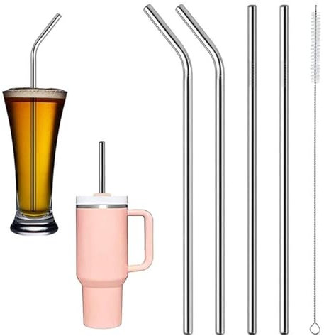 Paille Inox Réutilisables,4 Pièces Pailles en Métal Réutilisables Longues Ensemble de Paille en Inox avec 1 Brosse de Nettoyage pour Smoothie,Milkshake,Cocktail et Boissons Chaudes
