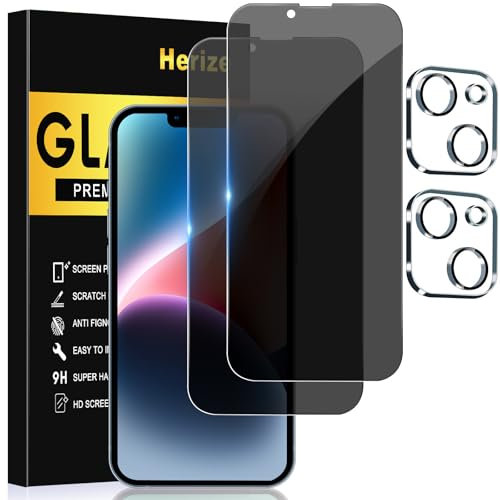 Herize [2+2 Pack] Privacy Screen Protector for iPhone 14 with Camera Lens Protector, 6.1 Inch Tempered Full Screen Glass Accessories, Anti-Spy, Bubble Free, Case Friendly