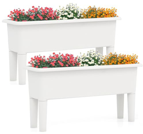 RELAX4LIFE Hochbeet 2er Set, Gartenbeet 29L, Pflanzkasten mit Abnehmbaren Beinen Drainageloch, Blumenkasten aus Kunststoff, Gemüsebeet Selbstbewässernd, Erhöhtes Blumenbeet für Balkon Garten (Weiß)