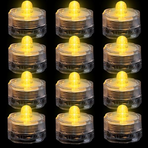 Editbar Candele a LED senza fiamma, 12 pezzi, mini luce subacquea con batteria, impermeabile, per laghetti, piscine, feste, matrimoni, giardini, luce gialla