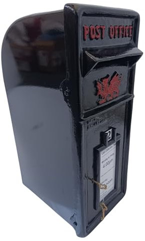 Large Cast Iron Welsh Dragon Traditional Style Post Box In Black With Red Detail
