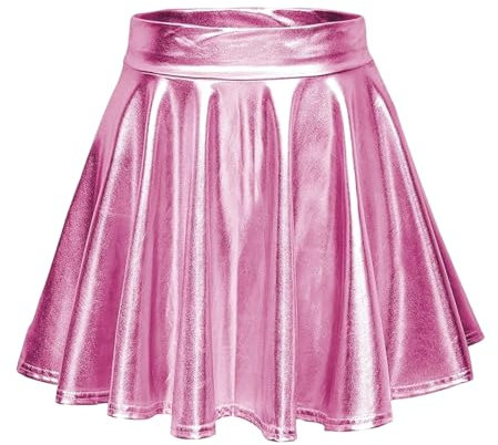 Aurasky Falda Metálica Rosa, Metálico Brillante Minifalda, Faldas Mujer Elástica Plisada, Patinador Acampanada para Carnaval Fiesta Cosplay