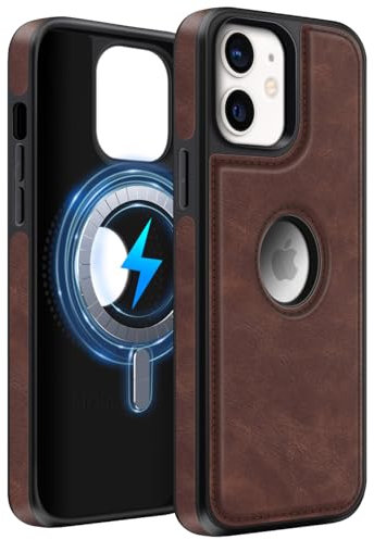 MOBESV Lederhülle mit Logo-Ansicht für iPhone 12 Mini 5,4 Zoll, Magnetisch Handyhülle kompatibel mit MagSafe, Dünn Klassische Elegant Hülle, Dunkelbraun