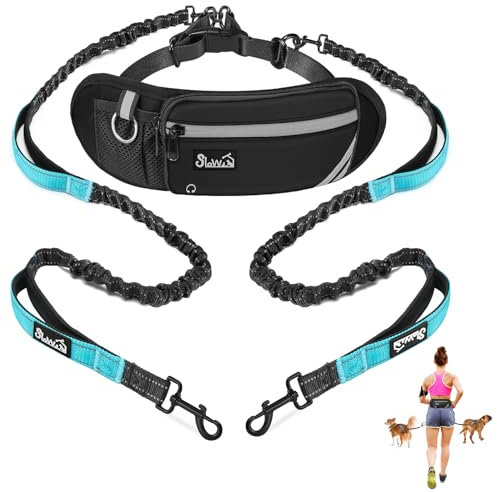 Eyein Joggingleine mit Bauchgurt für 2 Hunde, verstellbar Freihandleine für kleine mittelgroße Hunde mit Reflektierend Elastisch Laufleine und Dual Griffe zum Joggen und Walken, M für Zwei Hunde
