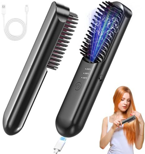 HyAdierTech Cepillo Alisador Pelo, Planchas de Pelo Profesional, Mini Cepillo Alisador Pelo con Iones Negativos, Peine Alisador de Cabello Recargable con 3 Niveles de Temperatura, 160°C-200°C