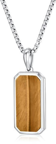 GAVU Herren Edelstein Kette mit rechteckigem Tigerauge Dog Tag Anhänger Hundemarke Halskette für Männer 55cm