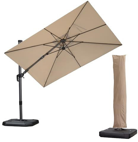 PURPLE LEAF Parasol Déporté 3 x 2 m avec Housse de Protection, Base Croisée, Parasol de Jardin Extérieur Inclinable dans les 2 sens, Parasol à Manivelle pour Balcon, Piscine, Terrasse, Kaki
