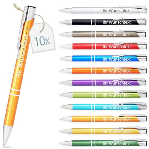 Gravurtastisch Kugelschreiber mit Gravur | personalisierter Stift mit Wunschtext | blaue Mine | Werbegeschenk & Werbeartikel | personalisierte Kulis für Hochzeit, Büro & Schule (Gold, 10 Stück)
