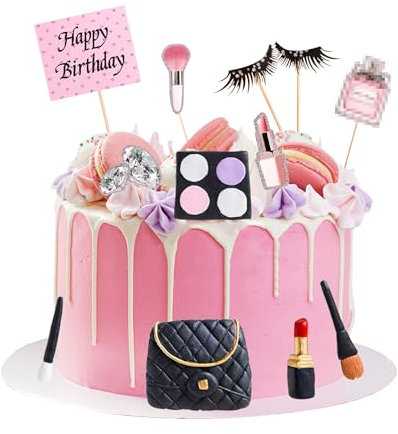 Wasise Make Up Cake Toppers - 12PCS Cake Decorations for Girls, Spa Birthday Cakes Topper, Happy Birthday Makeup Themed Cupcake Toppers for Bridal Shower Girl Women Makeup Salon Spa Party Supplies