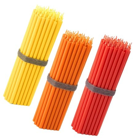 NKlaus Kerzenhalter aus Paraffinwachs, Rot, Gelb, Orange, 16 cm, 150 Stück | Tropf- und rußfreie Stabkerzen im dünnen Format; ca. 45–50 Min. Brenndauer