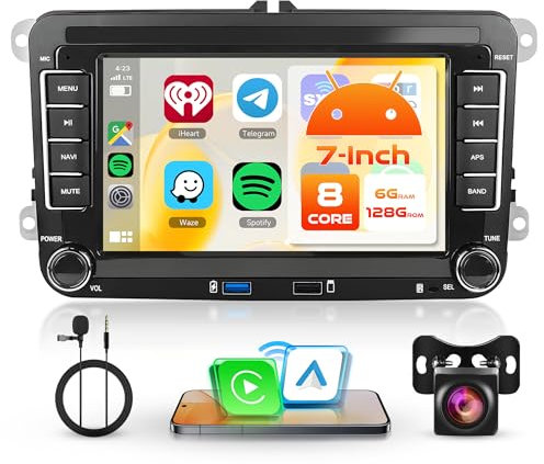 6+128G 8 Core Android Radio Coche para VW Golf 5 6 Polo Tiguan Passat Touran Caddy T5 Trasporter Skoda Seat 7'' Pantalla con Carplay Android Auto Wireless GPS WiFi Mirror Link Bluetooth FM/RDS/DSP SWC