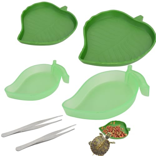 Wasserschale Terrarium, 4 Stück Reptilien Wasserschale, Reptilien Näpfe mit 2 Pinzetten aus Edelstahl, Futterschale Plastik für Schlange Schildkröte Gecko Eidechsen, Mango und Blattform