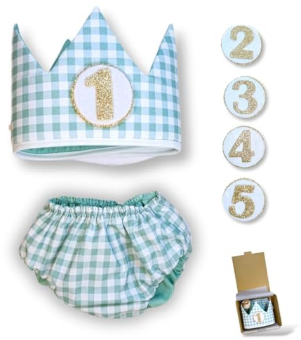 Surikatokids Corona Cumpleaños 1 año - Conjunto Smash Cake - Regalo Bebé - Ideas Regalo Original 1 año - Vichy 100% Algodón - Hecha en España
