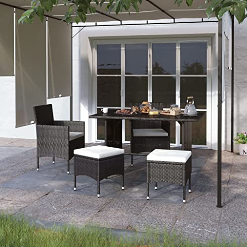 HaoChrymec 4-TLG. Gartenstuhl und Hocker Set mit PE-Rattan Schwarz, Pulverbeschichteter Stahlrahmen, Relaxsessel Garten, Balkon Stuhl, Garten Möbel Set, Cremeweiße Kissen, 53 x 58 x 84 cm