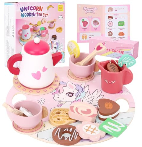 WIKITOT Wooden Tea Set for Toddlers, 21 Pieces Unicorn Tea Party Set for 3+ Year Old Girls, Wooden Pretend Play Toys for Kids Toddlers Birthday Gifts