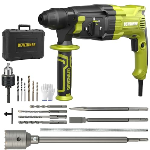 DEWINNER Martello Perforatore 1100 W 3.4 J, 0-1500 RPM/5500 BPM con 4 Funzioni e Frizione di Sicurezza, 20 Accessori tra cui Cemento Seghe a Tazza, Velocità Variabile, Cemento, Acciaio, Legno