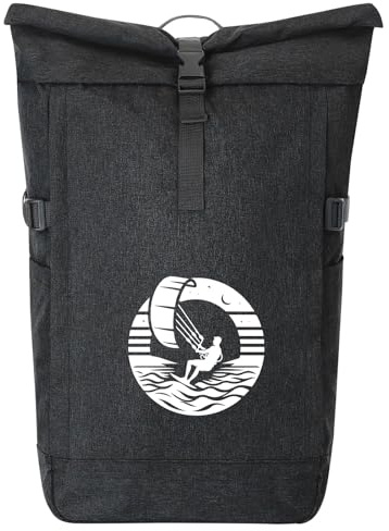 Huuraa Kurierrucksack Kite Board Kitesurfing Geschenk | 30-44 Liter Backpack Black Melange Fairtrade Rolltop Rucksack Geschenkidee Schwarzer Laptop-Rucksack passend für 17-Zoll