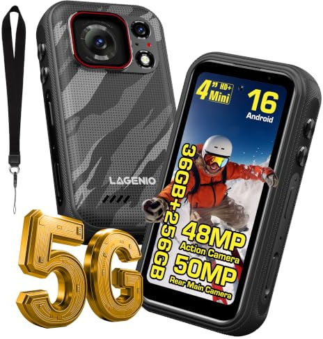 LAGENIO Eagle Pro Mini 5G Outdoor Smartphone für 5G Live-Streaming ohne WLAN, 4K Action Kamera, Android 16, 36GB+256GB/1TB, 4,5 Std. Akku, Stabilisierung, 4,0 Display, Dual SIM, NFC, IP69K