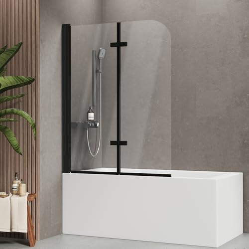EMKE Faltbare Duschwand für Badewanne 110x140 cm, 2-teilig, Schwarz | 6 mm ESG Glas, 180° Schwenkbar, Hebe-Senk, Leicht zu Reinigen, Alurahmen, Badewannenaufsatz, Duschabtrennung