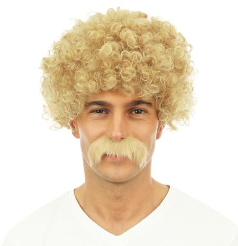 P'TIT CLOWN - 81186 - Herren Perücke Kurz Lockig und Schnurrbart - 70er, 80er Jahre Verkleidungszubehör - Karneval, Mottoparty, Cosplay, Manga, Silvester, Halloween - Synthetisches Haar - Blond
