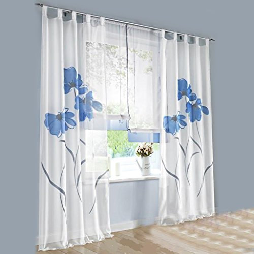 Thinkbay Floral Gardine mit Blumen Druck 1er-Pack Schlaufen Vorhang H*B 175 * 150cm Blau