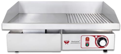 Beeketal Elektro Gastro Grillplatte BGP-b – 3000 W, A3 Carbonstahl Kombifläche 1/2 Glatt 1/2 Gerillt (550x350 mm), Edelstahlgehäuse, Thermostat 50–300°C, Fettauffangbehälter