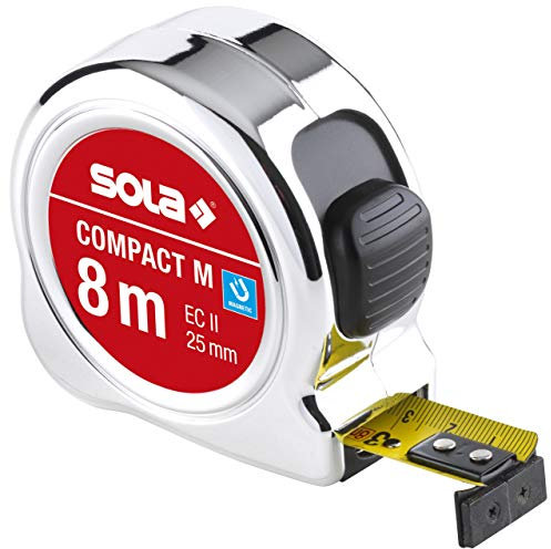 SOLA COMPACT M - Bandmaß magnetisch 8m / 25mm - Taschenbandmaß mit Gürtelclip - Stahlband, gelb lackiert mit mm Skala - Genauigkeitsklasse II - Rollmeter mit beweglichem Endhaken - Länge 5m, 8m