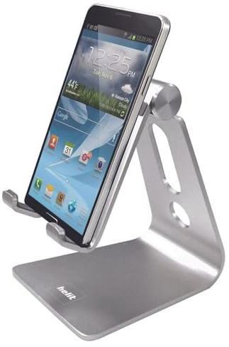 helit H2380100 - Handyhalter „the lite stand“, silber, 1 Stück | Einstellbarer Winkel, für Smartphones bis 12 mm, Hoch- und Querformat, mit Ladeöffnung