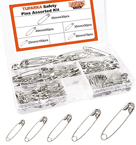 TUPARKA Sicherheitsnadeln, vernickelt, für Kleidung, Basteln, Kunst, 5 Größen (25, 30, 35, 45, 55 mm), 300 Stück