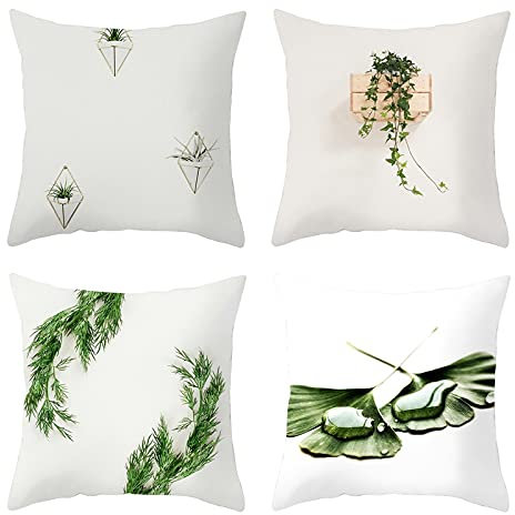 Daesar Fodere Decorative Cuscini Divano, Federe Cuscino Divano Quadrato Bianco Verde Federe Cuscino 40x40 Fantasia 4 Pezzi Ginkgo Biloba Pianta in Vaso, Fodera Poliestere