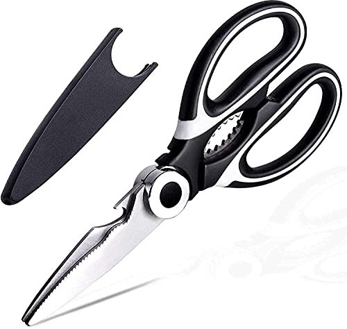 Tijeras de cocina multiusos de acero inoxidable para uso general, con tapa, aves de corral, pescado, carne, verduras, hierbas, huesos, apto para lavavajillas (negro)