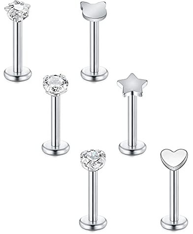 Briana Williams 6stk Tragus Piercing Lippenpiercing Labret Stecker Chirurgenstahl Silber 16G 6/8/10mm Stab mit Zirkonia Helix Ohr Piercing