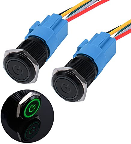 JIQI 2 × 16mm Interruptor de botón momentáneos 12V a 24V 3A 1NO 1NC IP66 Pulsador precableado hidrófugo con iluminación LED Carcasa de metal negro para automoción DIY Coche Motocicleta (Verde)