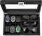 BEWISHOME Uhrenbox Sonnenbrillen-Organizer mit Echtglasplatte, 6 Uhrengehäuse und 3 Fächern Sonnenbrillenbox für Herren, Karbonfaser-Design, Schwarz SSH18C
