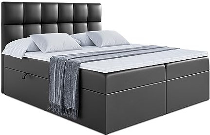 ALTDECOR Boxspringbett mit Multipocket-Matratze H4 (20 cm hoch) mit PUR+Kokosmatte, Topper (4 cm hoch), Kunstlederbett, Polsterbett mit Kopfteil und Bettkasten - RICAR - 140x200 - Schwarz Kunstleder