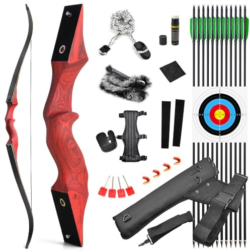 60 Zoll Bogenschießen Takedown Recurve Bogen und Pfeile Set Traditioneller Jagdbogen Erwachsener Holz Bogen Griff 20-60lbs Longbogen für Rechtshand Bogensport (20lbs, Rot Set)