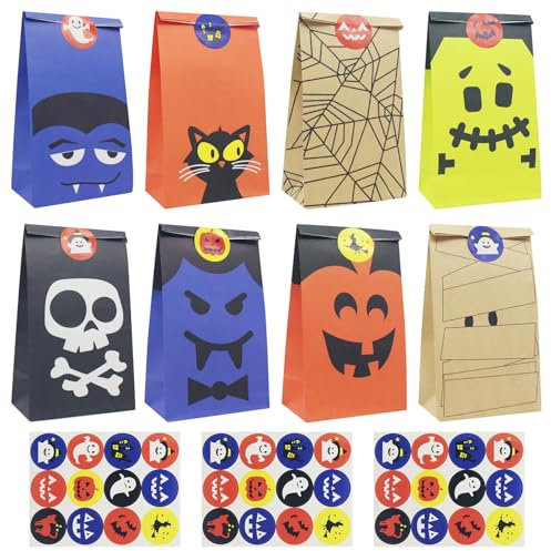 Halloween Papiertüten, Halloween Tüte Süßigkeiten, 24 Stück Süßigkeit Taschen Papier, Candy Paper Bag mit Aufklebern für Partygeschenke Candy Snack Bag Dekoration (Black)