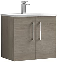 nuie ARN2523G Arno Modern Bathroom Wall Hung 2 Door Vanity Unit with Curved Ceramic Basin, 600mm, Woodgrain Solace Oak