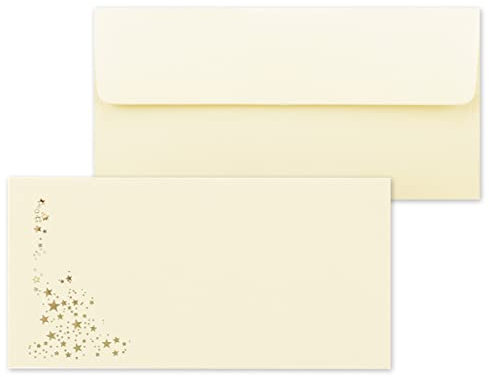 25x Briefumschläge mit Metallic Sternen - DIN Lang - Gold geprägter Sternenregen - Farbe: creme - Vanille, Haftklebung, 100 g/m² - 110 x 220 mm - ideal für Weihnachten