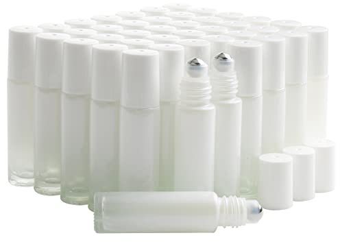 Pxyelec 42-Pack 10ml White Glass Roller Bottles with Stainless Steel Balls, Refillable Empty Roller Ball Bottles for Essential Oils, Perfume, Facial Care - Opener & Funnel Included