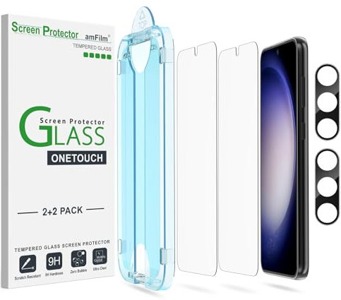 amFilm 2+2 Piezas OneTouch Protector de Pantalla para Samsung Galaxy S23 5G, Dureza 9H con Protección de Lente de Cámara Fabricada en Cristal Templado, Fácil Instalación y Sin Burbujas