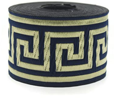 50062 Jacquard-Bordüre, 5 cm breit, marineblau und gold, griechischer Schlüssel, Jacquard-Bordüre, gewebte Bordüre, Vintage, dekorativer Mäander, Bundband, Gurtband, Bordüre