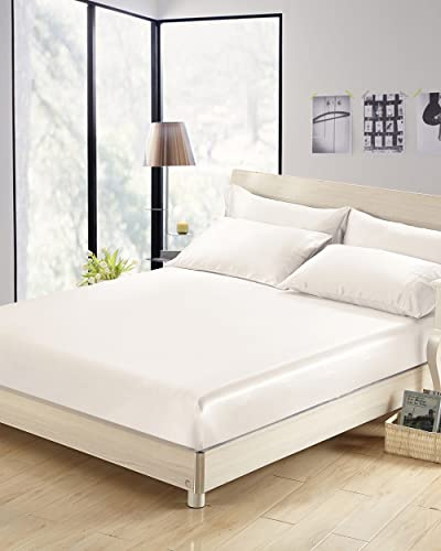 LILYSILK 25 Momme Seide Spannbettlaken 100% Maulbeerseide Superweiches Spannbetttuch bis 30cm Matratzenhöhe Atmungsaktive Seide Bettwäsche Elastisches Bettlaken Natürliches Weiß, 140x200+30cm