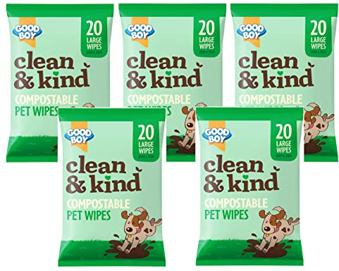 5 x 20 PK GOODBOY CLEAN & KIND PEACH SCENTED DOG PUPPY COMPOSTABLE PET WIPES REMOVE DIRTS
